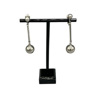 Vintage Silver-Tone Clip On Dangle Earrings Modernist Ball Drop